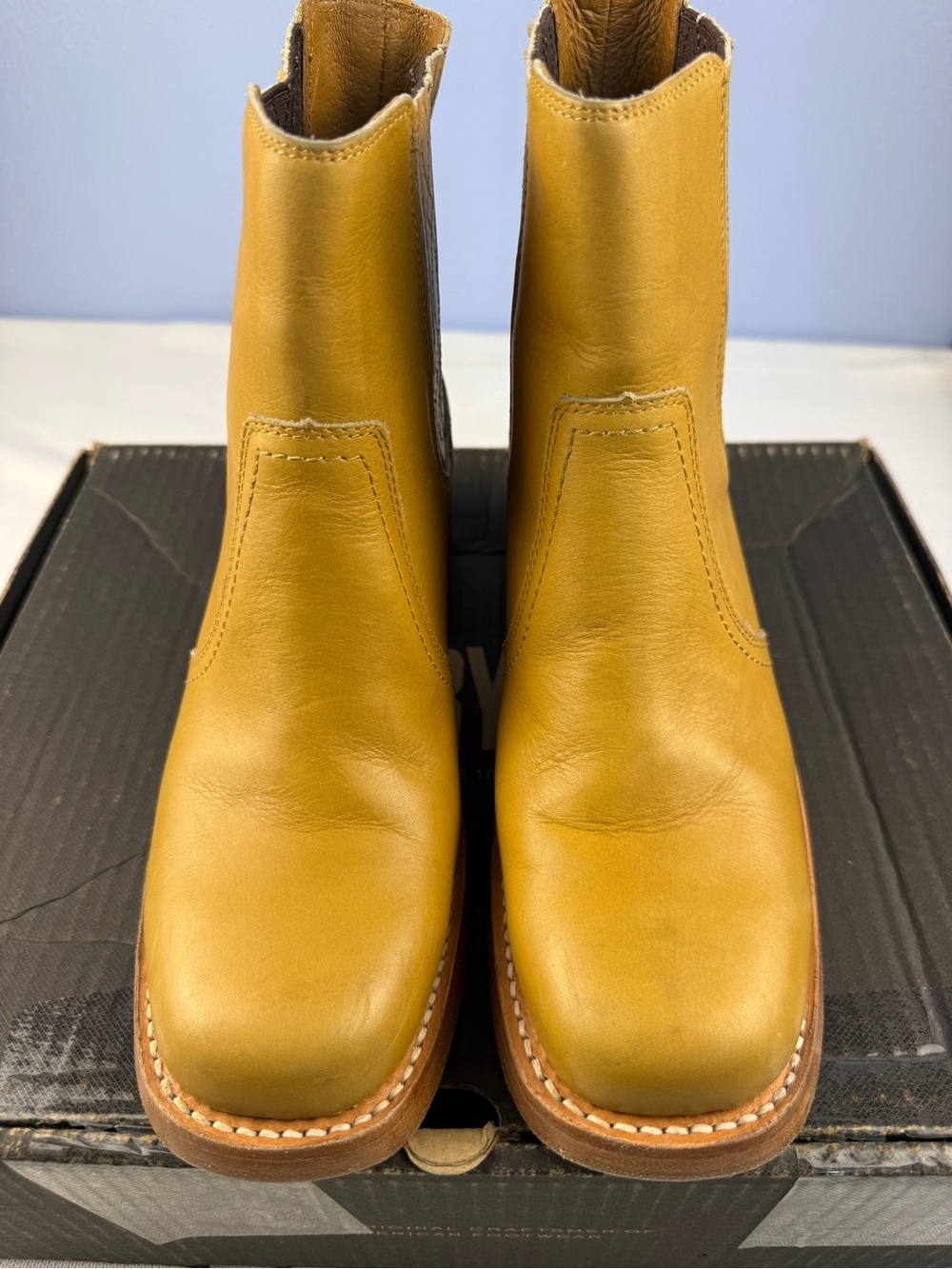Frye Mustard Leather Western Chelsea Booties with Stacked Heel - Picture 4 of 16